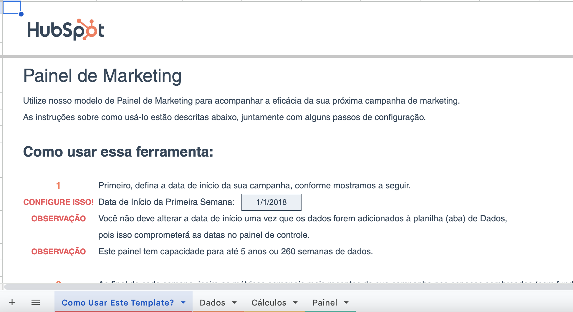 Template grátis Marketing Dashboard para Excel Google Sheets HubSpot